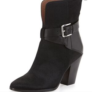 Donald J. Pliner Sarje Black Calf Hair Leather Trim Buckle Zip-Up Heeled…